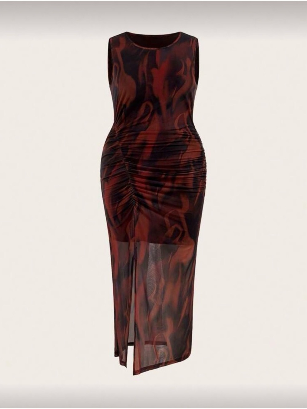 Ruched Mesh Midi Dress with Abstract Print